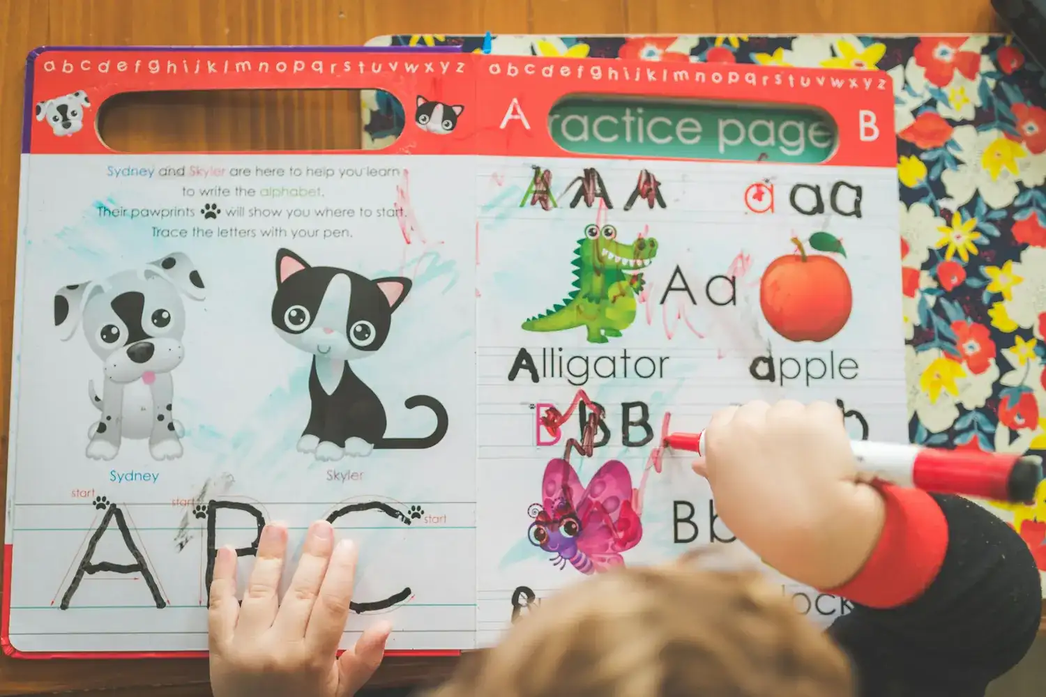 アルファベットの練習ボードにペンで文字をなぞる子どもの手元